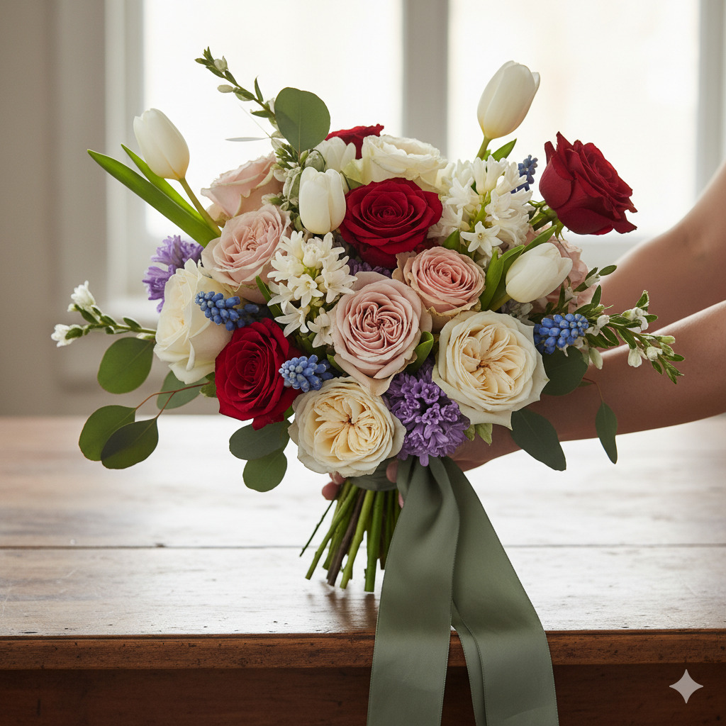 Elegant bukett med roser og løkblomster