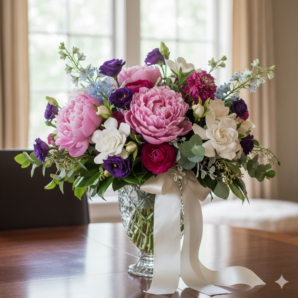 Luksusbukett med pioner og sesongblomster